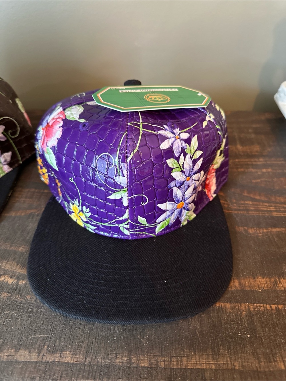 Crown Purple Floral Faux-Croc Panel Cap with Black Brim